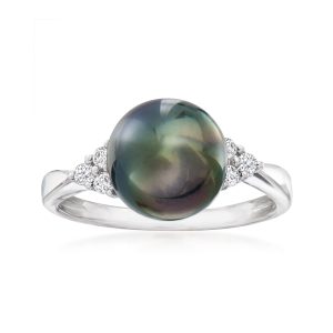 9-9.5mm Black Cultured Tahitian Pearl and .14 ct. t.w. Diamond Ring in Sterling Silver
