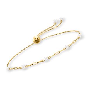 3-3.5mm Cultured Pearl and 14kt Yellow Gold Paper Clip Link Bolo Bracelet