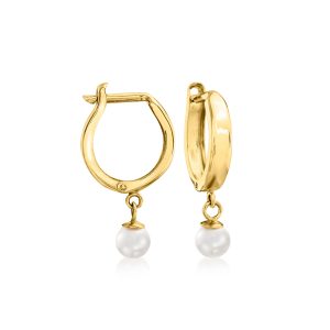 4-4.5mm Cultured Pearl Huggie Hoop Earrings in 14kt Yellow Gold. 3/4"