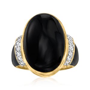 Onyx and .22 ct. t.w. Diamond Ring with Black Enamel in 18kt Gold Over Sterling