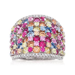 4.10 ct. t.w. Multicolored Simulated Sapphire and .20 ct. t.w. CZ Wide Ring in Sterling Silver