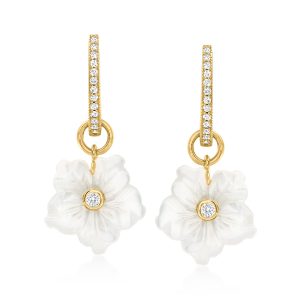 Mother-of-Pearl and .77 ct. t.w. White Topaz Removable Flower Hoop Drop Earrings in 18kt Gold Over Sterling