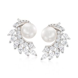6.5-7mm Cultured Pearl and 1.50 ct. t.w. CZ Curved Cluster Earrings in Sterling Silver