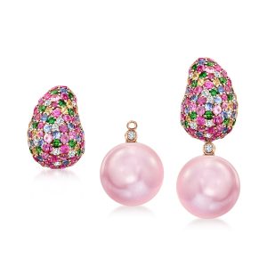 12-13mm Pink Cultured Pearl, 3.80 ct. t.w. Multi-Gemstone and .28 ct. t.w. Diamond Removable Drop Earrings in 18kt Rose Gold
