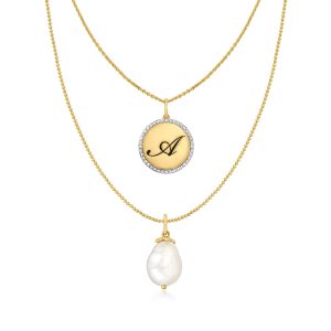 18kt Gold Over Sterling Layered Initial Necklace with 11-12mm Cultured Baroque Pearl and Diamonds