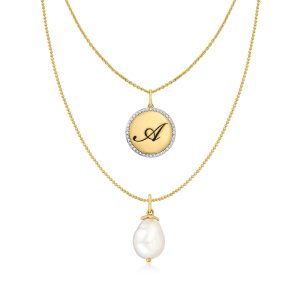18kt Gold Over Sterling Layered Initial Necklace with 11-12mm Cultured Baroque Pearl and Diamonds
