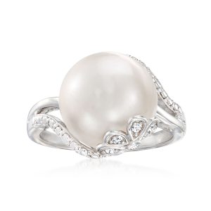 12-12.5mm Cultured Pearl Ring with Diamonds in Sterling Silver