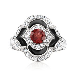 .70 Carat Garnet and .70 ct. t.w. White Topaz Ring with Black Enamel in Sterling Silver