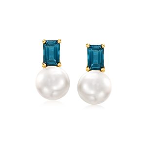 8-8.5mm Cultured Pearl and 1.20 ct. t.w. London Blue Topaz Earrings in 18kt Gold Over Sterling