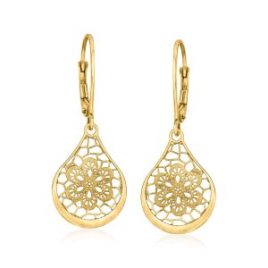 Italian 14kt Yellow Gold Openwork Floral Lace Teardrop Earrings