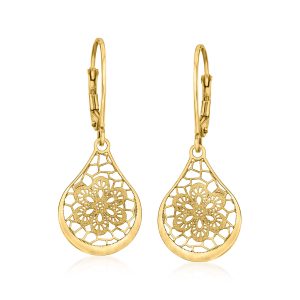 Italian 14kt Yellow Gold Openwork Floral Lace Teardrop Earrings