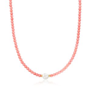 8.5-9mm Cultured Pearl and 4mm Pink Coral Bead Necklace with 18kt Gold Over Sterling