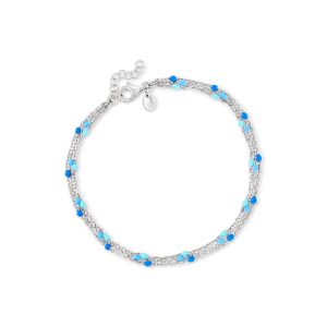 Italian Tonal Blue Enamel Bead Station Anklet in Sterling Silver. 9"