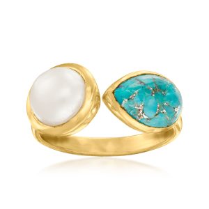 7.5-8mm Cultured Pearl and Turquoise Toi et Moi Ring in 18kt Gold Over Sterling