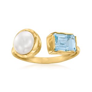 8-8.5mm Cultured Pearl and 1.70 Carat Sky Blue Topaz Toi et Moi Ring in 18kt Gold Over Sterling