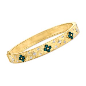 .80 ct. t.w. London Blue Topaz Floral Bangle Bracelet with .10 ct. t.w. Diamonds in 18kt Gold Over Sterling