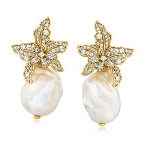 Italian 13-18mm Cultured Baroque Pearl and 1.80 ct. t.w. CZ Flower Earrings in 18kt Gold Over Sterling