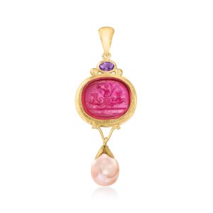 Italian 10.5-11mm Champagne Cultured Pearl and Pink Venetian Glass Pendant with .60 Carat Amethyst in 18kt Gold Over Sterling