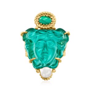 Italian Tagliamonte Green Venetian Glass, Malachite and 5-5.5mm Cultured Pearl Medusa Ring in 18kt Gold Over Sterling