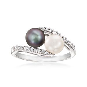 6-6.5mm Black and White Cultured Pearl and .13 ct. t.w. Diamond Bypass Ring in Sterling Silver