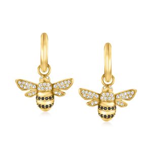 Italian .50 ct. t.w. Black and White CZ Removable Bumblebee Charm Huggie Hoop Earrings in 18kt Gold Over Sterling. 1"