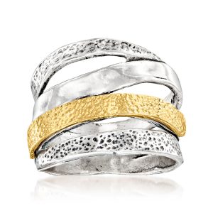 Sterling Silver and 18kt Gold Over Sterling Textured and Polished Multi-Row Ring