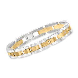 Men's .10 ct. t.w. CZ Link Bracelet in Stainless Steel and 18kt Yellow Gold Plate. 8.5"