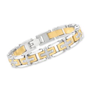Men's 1.30 ct. t.w. CZ Cross Bracelet in Stainless Steel and 18kt Yellow Gold Plate. 9"