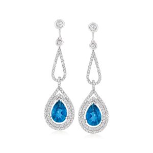 7.00 ct. t.w. London Blue Topaz and 1.40 ct. t.w. Diamond Drop Earrings in 14kt White Gold