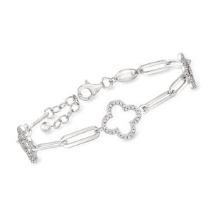 Charles Garnier .40 ct. t.w. CZ Clover Station Paper Clip Link Bracelet in Sterling Silver. 7"