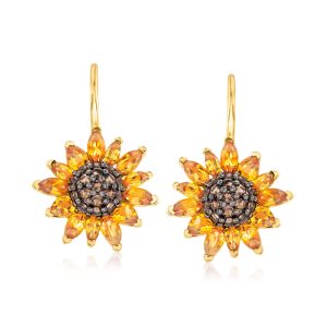 3.50 ct. t.w. Citrine and .80 ct. t.w. Smoky Quartz Sunflower Drop Earrings in 18kt Gold Over Sterling