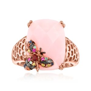 Pink Opal and .10 ct. t.w. Multicolored Sapphire Bumblebee Ring with Single Garnet in 18kt Rose Gold Over Sterling