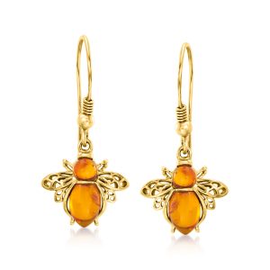 Amber Bumblebee Drop Earrings in 18kt Gold Over Sterling