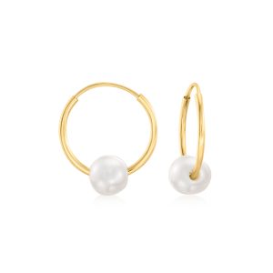 14kt Yellow Gold Hoop Earrings with Removable 5-6mm Cultured Pearls. 5/8"