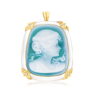 C. 1980 Vintage Blue Agate and Mother-of-Pearl Cameo Pin/Pendant with Diamonds in 18kt Yellow Gold