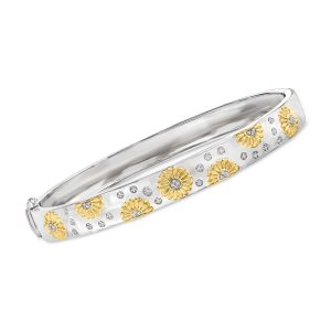 Diamond Sunflower Bangle Bracelet in Two-Tone Sterling Silver