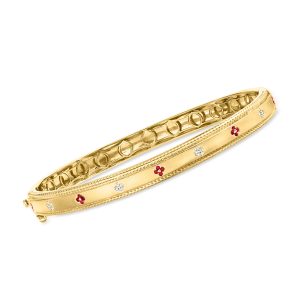 Ruby and Diamond Flower Bangle Bracelet in 18kt Gold Over Sterling
