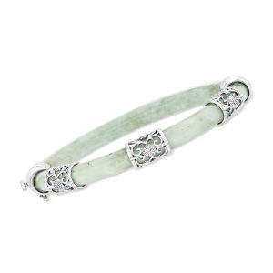 Jade Bangle Bracelet with .10 ct. t.w. Diamonds in Sterling Silver. 7"