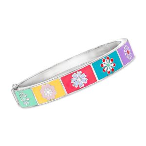 Multicolored Enamel Floral Patchwork Bangle Bracelet in Sterling Silver