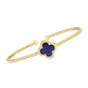 Charles Garnier "Color Me" Lapis Clover and .10 ct. t.w. CZ Cuff Bracelet in 18kt Gold Over Sterling. 7.5"