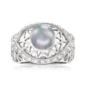C. 1990 Vintage 8.8mm Cultured Gray Pearl and .75 ct. t.w. Diamond Ring in 18kt White Gold. Size 7.25