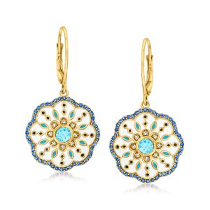 1.09 ct. t.w. Multi-Gemstone Drop Earrings with Blue and White Enamel in 18kt Gold Over Sterling