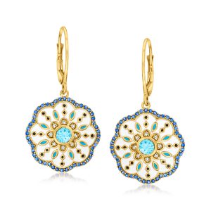 1.09 ct. t.w. Multi-Gemstone Drop Earrings with Blue and White Enamel in 18kt Gold Over Sterling