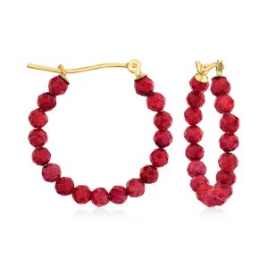 6.25 ct. t.w. Ruby Bead Hoop Earrings in 10kt Yellow Gold. 7/8"