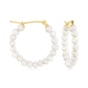3-3.5mm Cultured Pearl Hoop Earrings in 10kt Yellow Gold. 7/8"