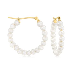 3-3.5mm Cultured Pearl Hoop Earrings in 10kt Yellow Gold. 7/8"