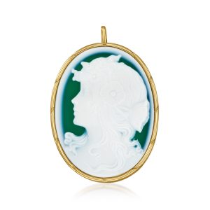 C. 1980 Vintage Green Agate Cameo Pin/Pendant in 18kt Yellow Gold
