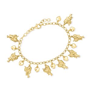 Italian 18kt Gold Over Sterling Silver Cherub and Heart Charm Bracelet. 7"