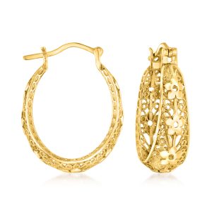 18kt Gold Over Sterling Floral Filigree Hoop Earrings. 1 1/8"