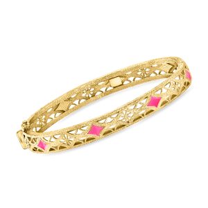 18kt Gold Over Sterling Filigree Bangle Bracelet with Pink Enamel